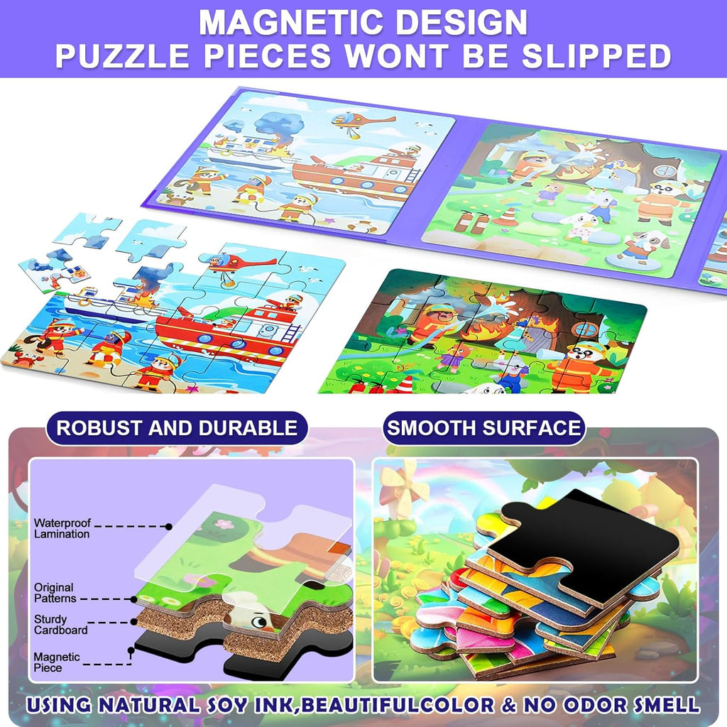 Fire Brigade Magnetic Puzzles for Toddlers, 3 in 1 Jigsaw Puzzle Book, Travel Puzzles for Preschool Learning Ages 3-8