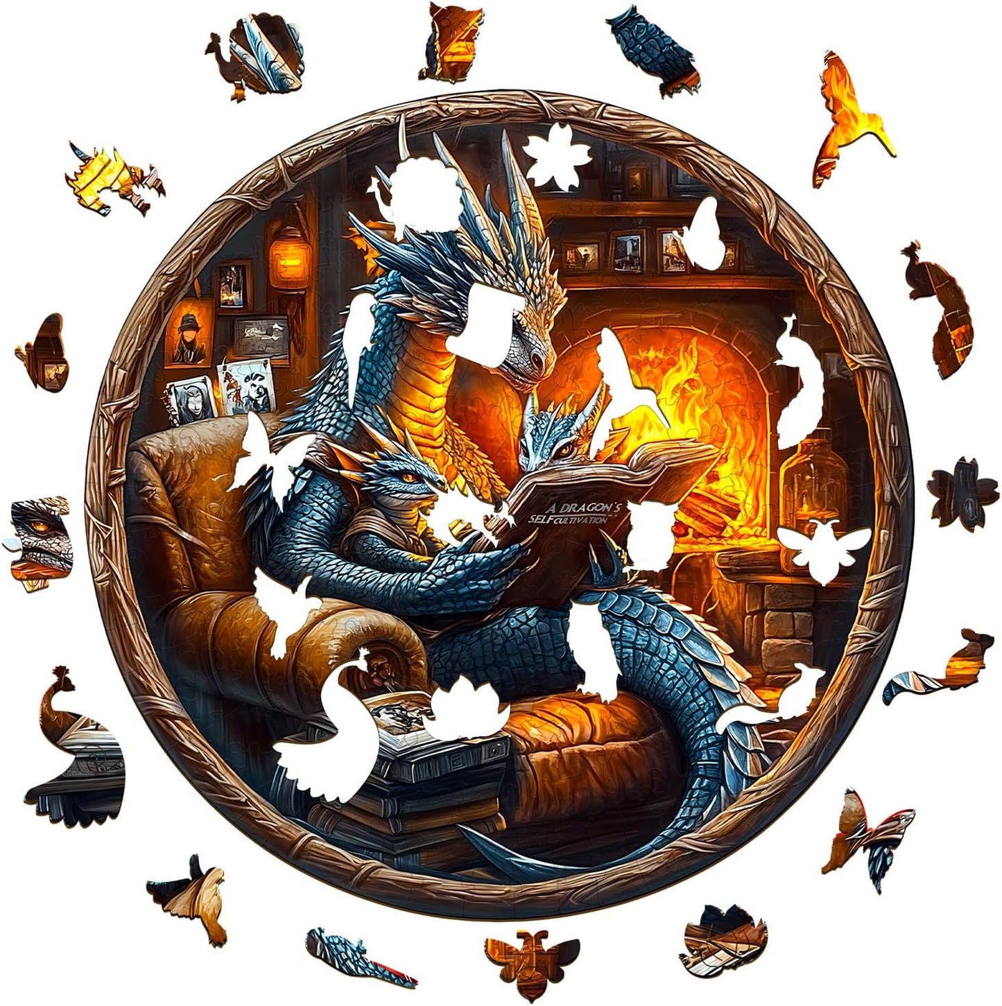 KAAYEE Wooden Puzzles for Adults, 3D Visual Effect Dragon Family Night Reading Wooden Jigsaw Puzzle Unique Shape Wood Puzzle Adult, 3D Effect Flat Puzzle Birthday Family Games (S-8.5 * 8.5 in-95pcs)