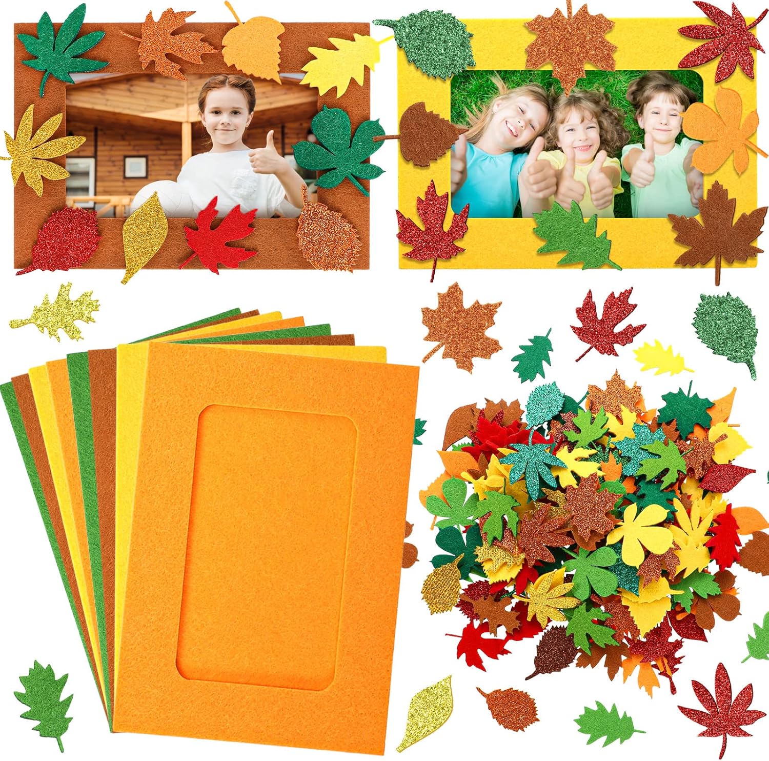 Ferraycle 232 Pcs Fall DIY Picture Frames Craft Kit Thanksgiving Felt Photo Frames with Leaves Pumpkin Harvest Crafts with Foam Stickers for Autumn Party Favor(Mix Color,Leaf)