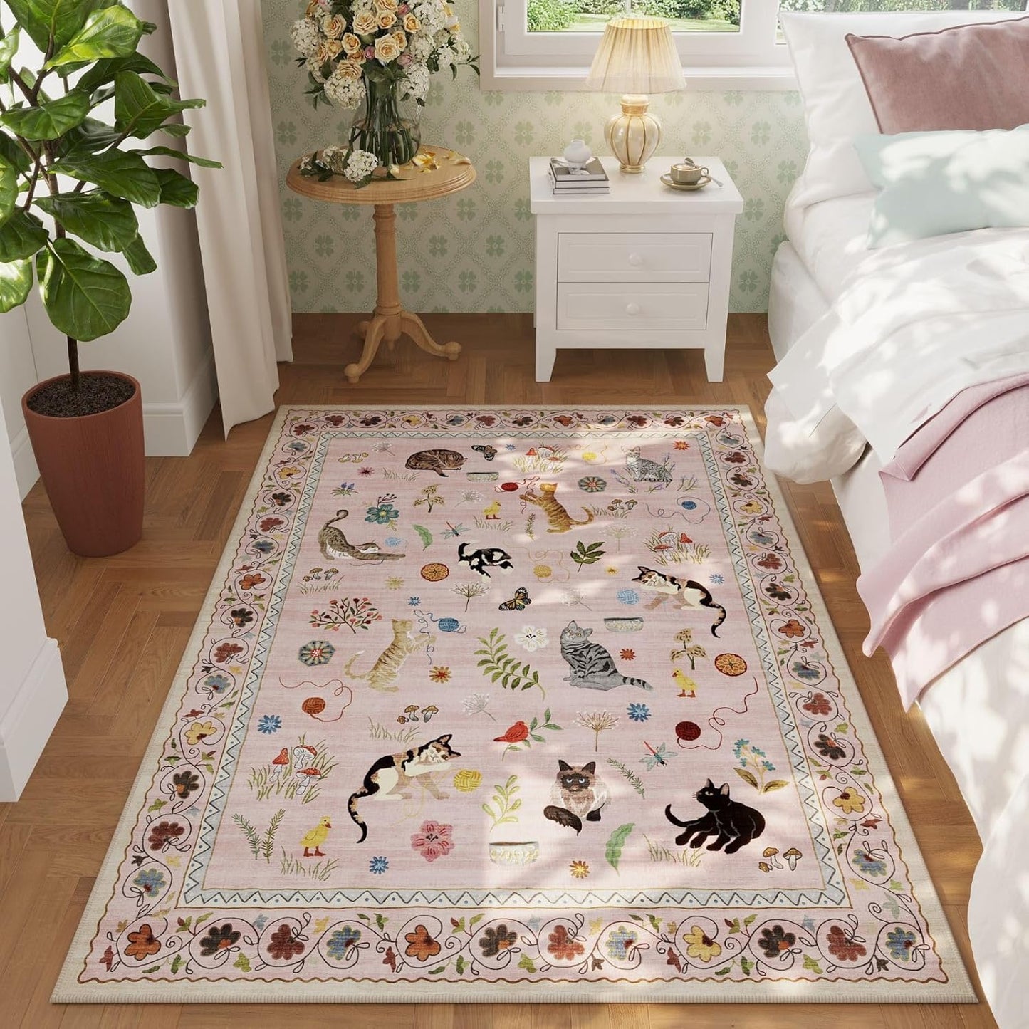 Rugcomf Area Rug 4x6 Rug Washable Boho Rugs Non Slip Low Pile Floral Animal Cat Small Carpet for Bedroom Bedside Kids Room Office Dining Room, Pink
