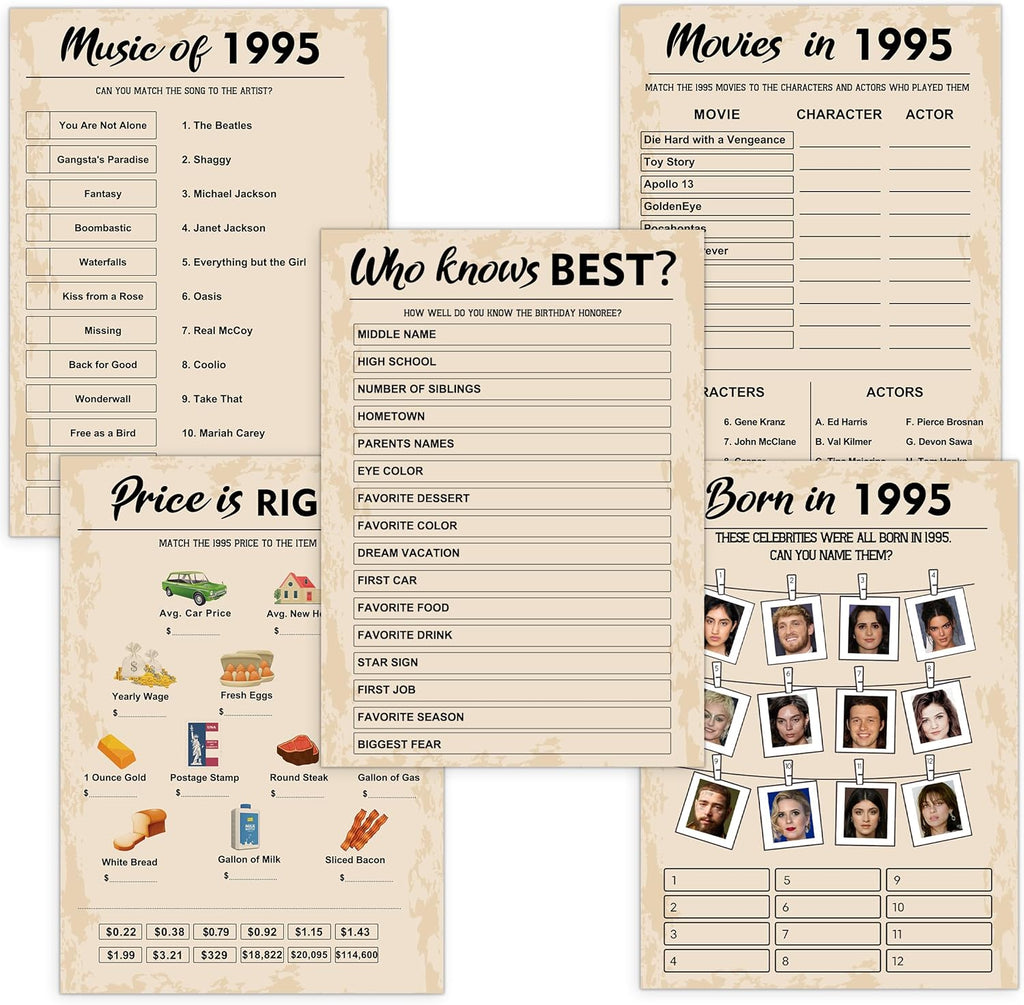 QUPT 30th Birthday Party Games, Set of 5 Activities for 10 Guests, Born in 1995 Games Bundle, Birthday Party Supplies for Adults, Pack of 50 Cards