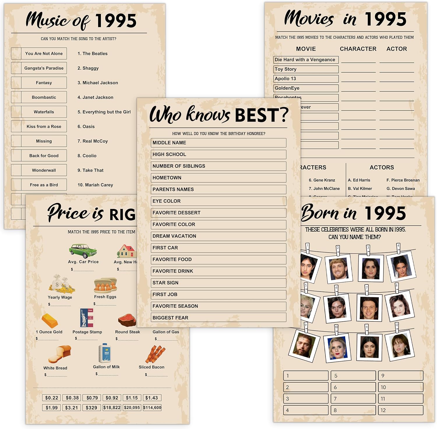 QUPT 30th Birthday Party Games, Set of 5 Activities for 10 Guests, Born in 1995 Games Bundle, Birthday Party Supplies for Adults, Pack of 50 Cards