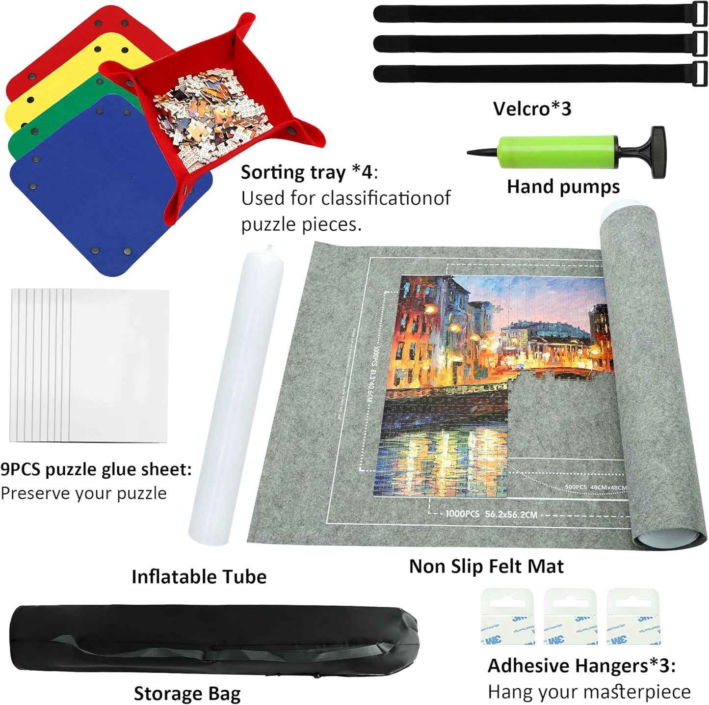 Portable Puzzle Mat Roll Up - with 9 Glue Sheets, Sorting Trays, Hand Pump, Inflatable Tube, and Storage Bag - Perfect for Kids and Adults (Gray, 1500pcs)