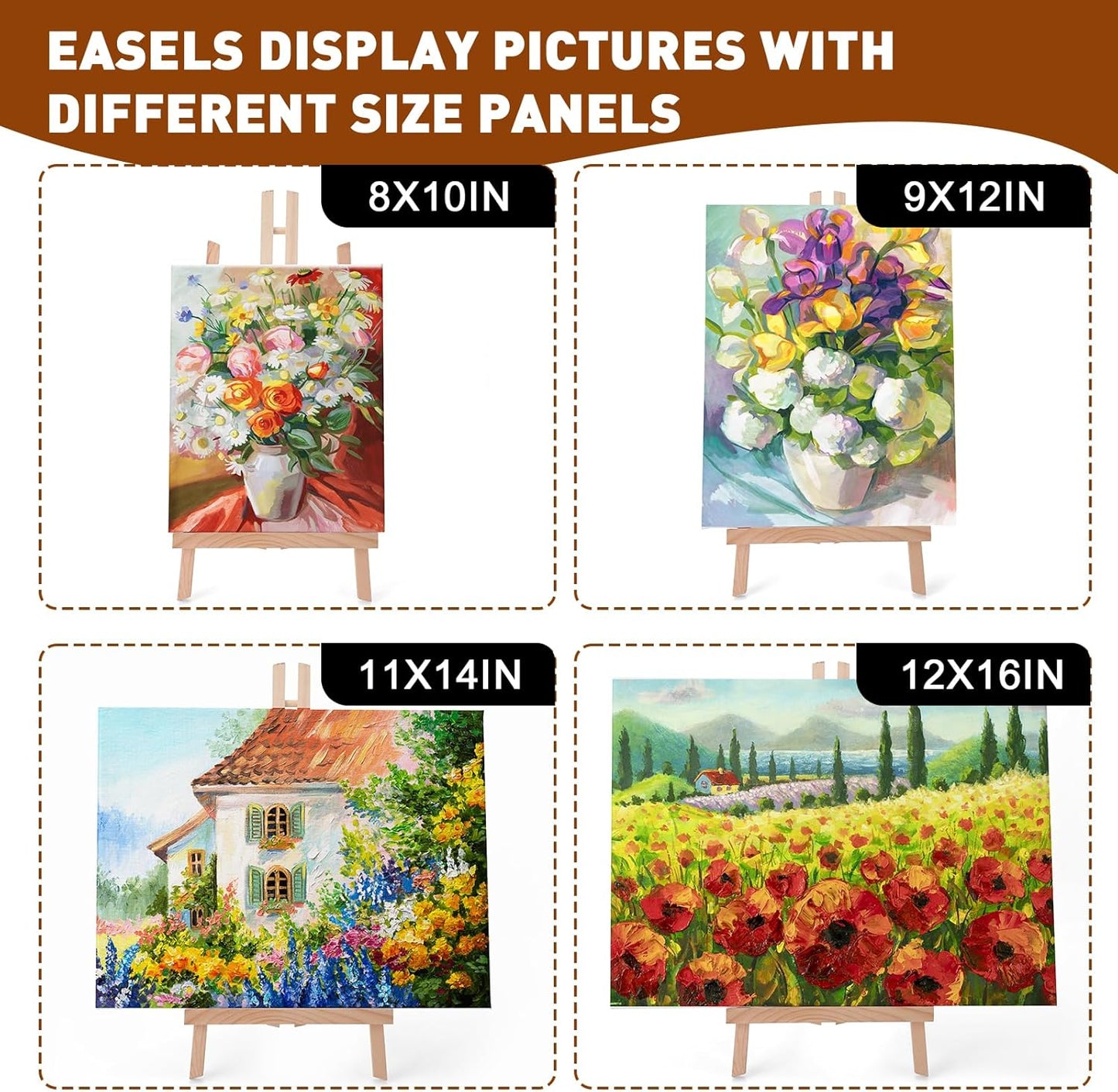 AROIC 8 Pack 15 Inch Wood Easels, Easel Stand for Painting Canvases, Art, and Crafts, Tripod, Painting Party Easel, Kids Student Table School Desktop, Portable Canvas Photo Picture Sign Holder.