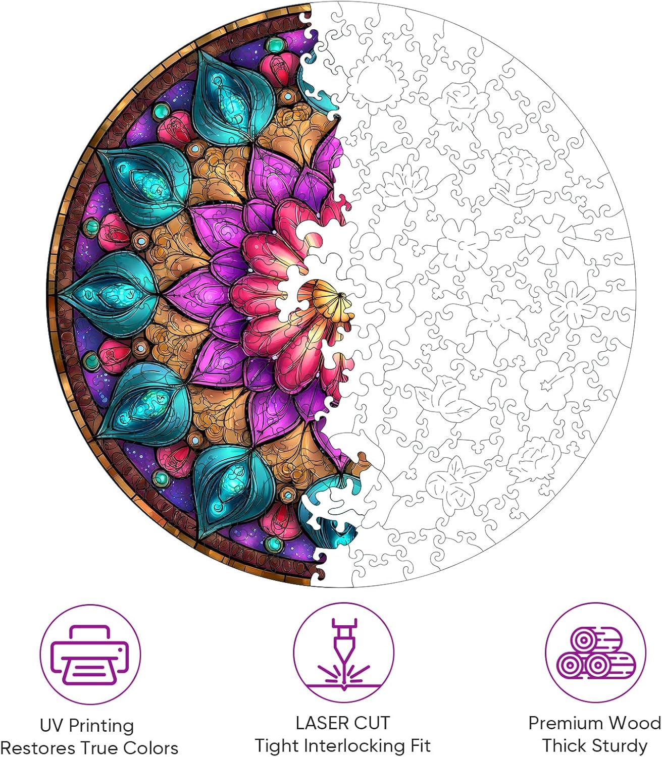 Wooden Puzzles for Adults, Mandala Puzzles 500 Pieces, Unique Shaped Jigsaw Puzzles for Adults and Kids, Birthday Gifts Fun Challenge Family Game 16.5'' x 16.5''