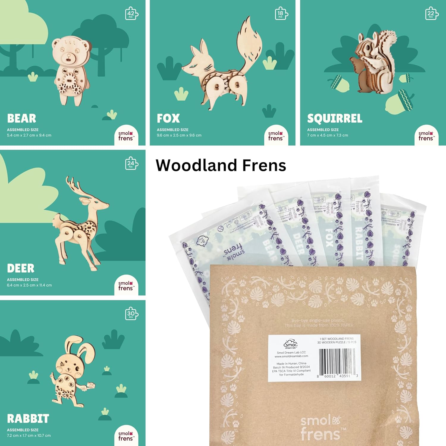 Wooden Animal Puzzles for Ages 8+, 5 Pack 3D Wooden Puzzles, STEM Kits for Kids & Adults, Wood Crafts Model Kits, STEM Toys, DIY Art Projects, Educational Gifts Toys, Party Favors - Woodland Frens