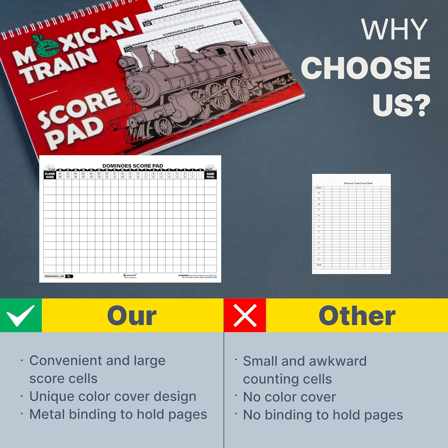 Extra Large Mexican Train Score Pads 11.3x7.9 in – 50-Page Mexican Train Accessories for Classic Domino Game – Mexican Train Score Sheets for Easy Game Tracking