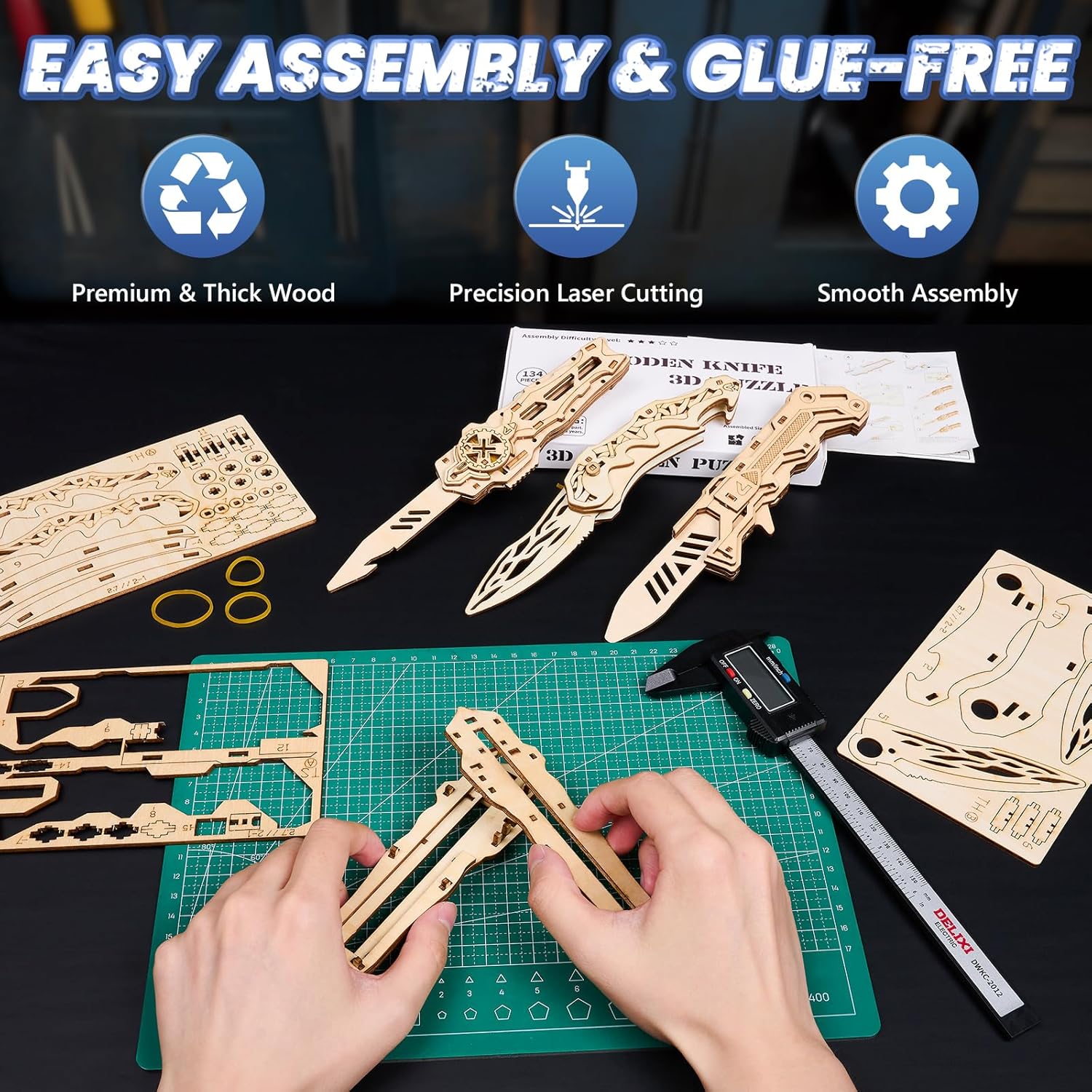 3D Wooden Puzzle for Adults: 3-in-1 DIY Wooden Puzzles Knife Kit - 134 Pcs Brain Teaser Mechanical Model Building Toy for Adult Hobby - Wooden Craft Art Unique Gift Idea for Teens Men