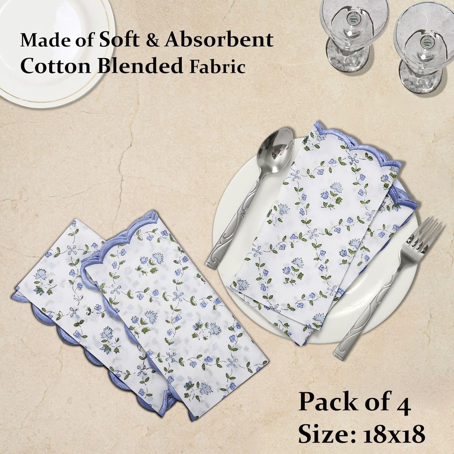 Ridhi Powder Blue Hand Block Print Napkins 18" x 18" Set of 4 Reusable Cotton Dinner Napkins for Weddings, Parties & Everyday Dining, Thanksgiving, Christmas, Fall