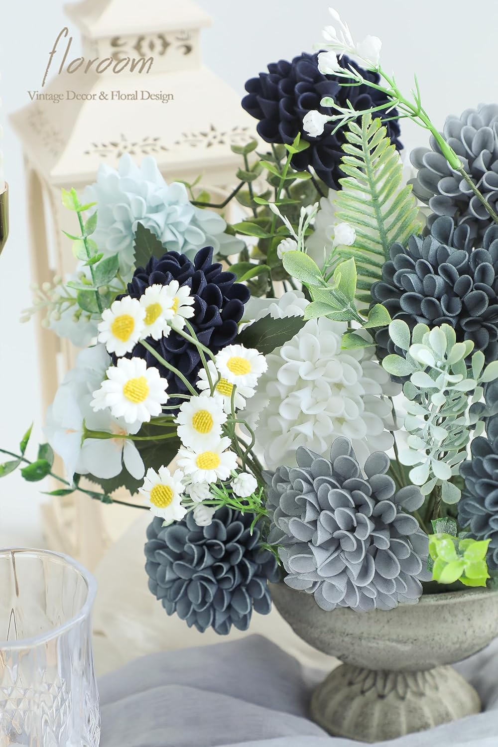 Floroom Artificial Dahlia Flowers 25pcs Real Looking Blue Shades Foam Fake Roses with Stems for DIY Wedding Bouquets Bridal Shower Centerpieces Floral Arrangements Party Tables Home Decoration