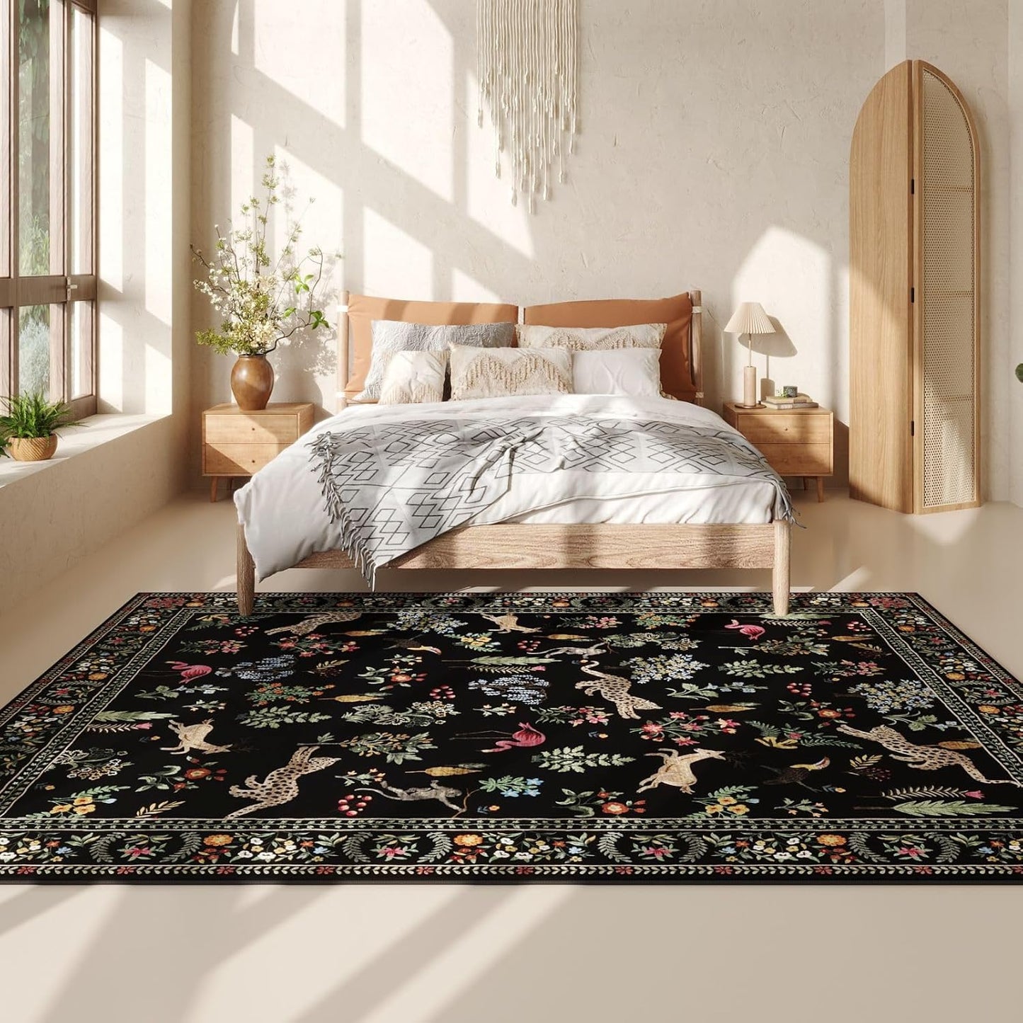 Rugcomf Living Room Rug 5x7 Rug Machine Washable Boho Area Rug Non Slip Floral Animal Vintage Low Pile Large Rugs for Living Room, Bedroom, Farmhouse, Dining Room, Kids Playroom (Black)