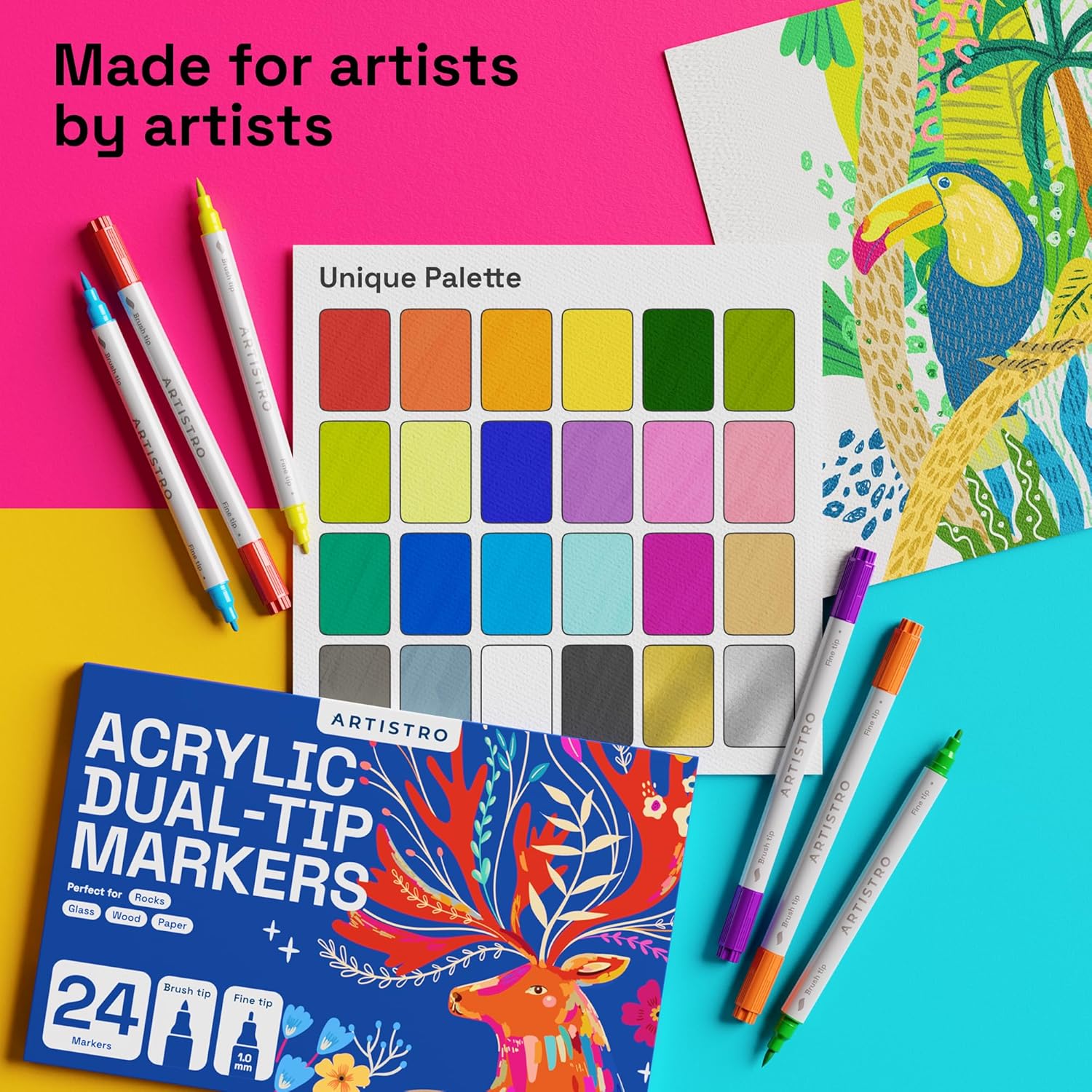 ARTISTRO 12 Dual Tip Brush + Fine Acrylic Paint Markers - Easy for All Ages & Levels Paint Pens for Fabric, Rock, Glass, DIY - Halloween Pumpkin Painting Kit, Art Supplies, Christmas Gift