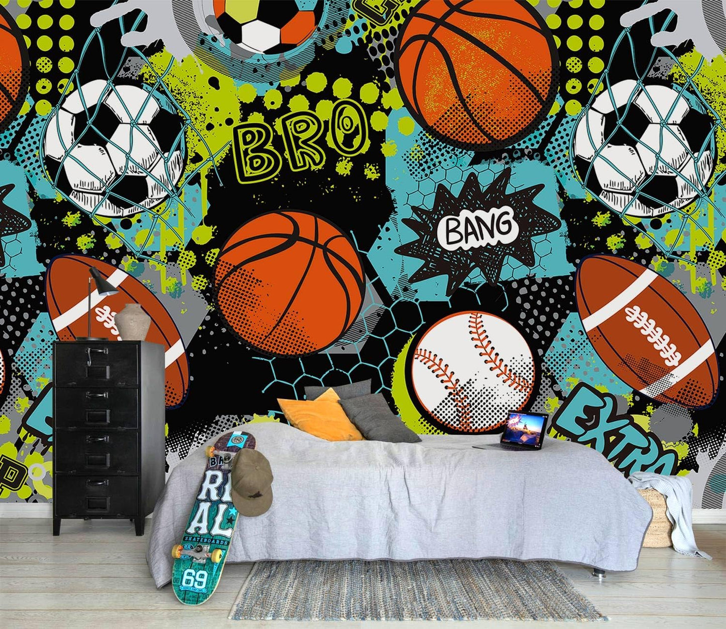 AFZEVEB-Colorful Graffiti Wallpaper Hand-Painted Ball Wall murals for Kids Room 114"x74"(Not Peel and Stick)