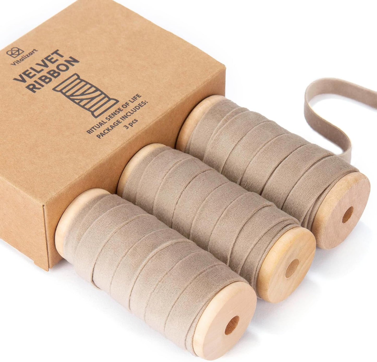 Vitalizart Camel Velvet Ribbon Set 3/8"" x 15 Yd Wooden Spool Fabric Trim 3 Rolls * 5 Yd for Christmas Wreath Decoration Handmade Craft Ornaments Gift Wrapping & Bow Making