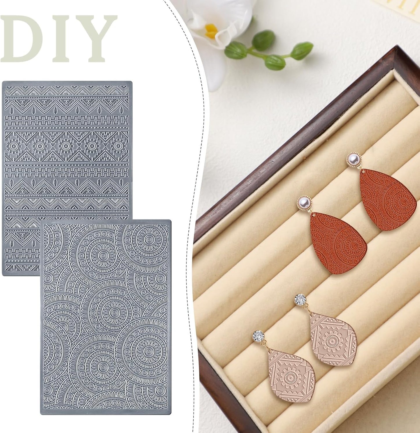 12 Pcs Polymer Clay Texture Sheets Mat Works with Polymer Clay Cutter Embossin Roller DIY Tools for Pottery Earrings Jewelry Making DIY Craft Supply