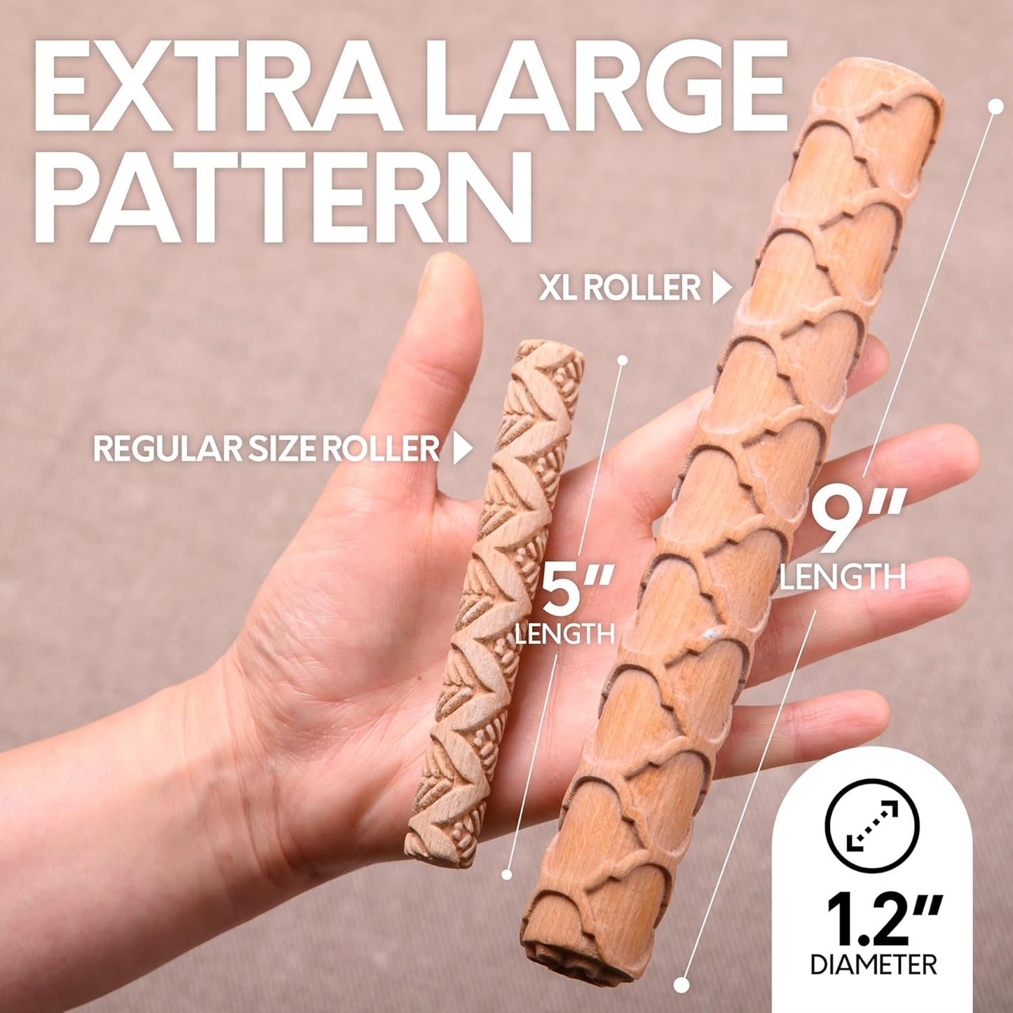Byllstore Extra Large Clay Texture Rollers with Pottery Stamps | 3 Texture Rollers | 6 Clay Stamps | 3-Pack (9" x 1.2", 3 Pack)