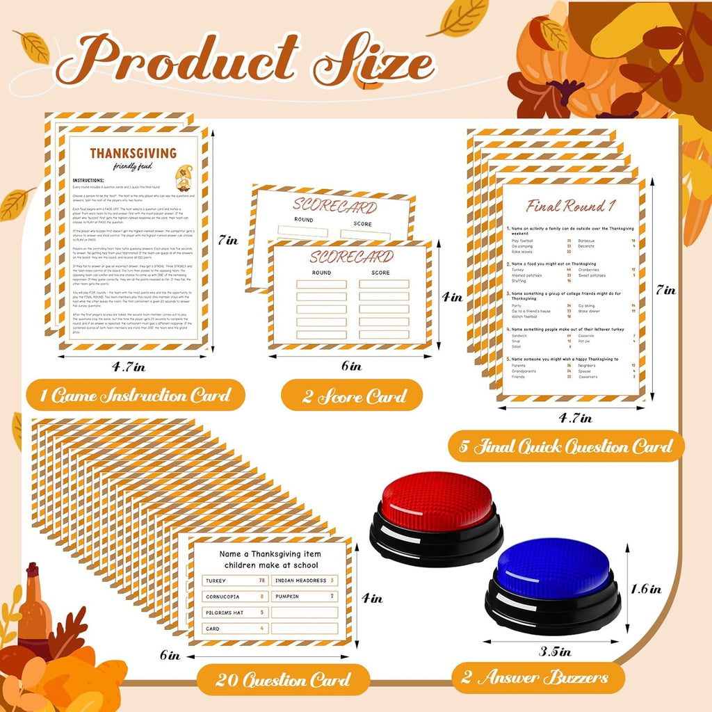 Thanksgiving Day Friendly Feud Game with 2 Answer Buzzers, Fall Holiday Feud Cards for Family Game Night Fun Trivia Quiz for Autumn Pumpkin Party Office Class Groups Team Building