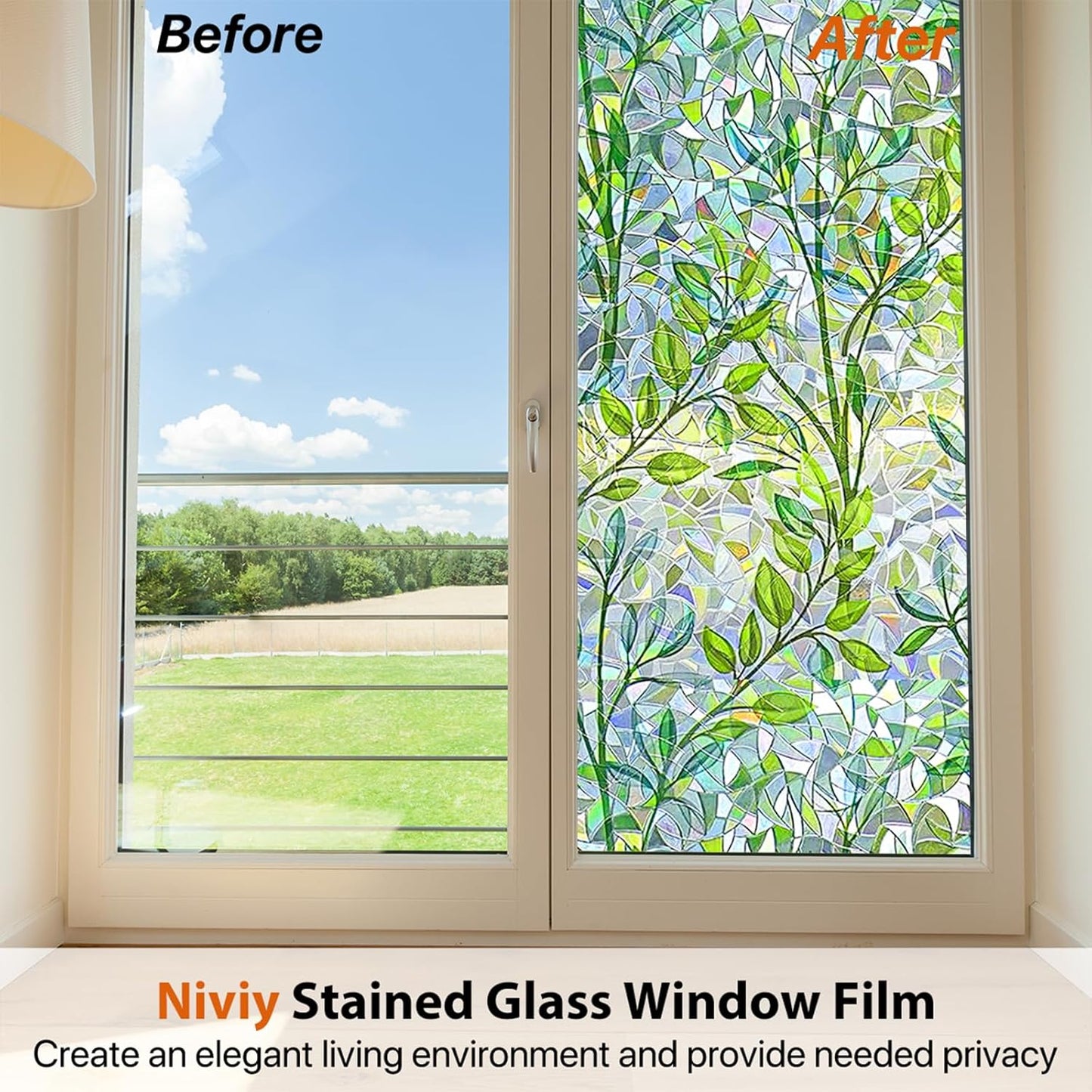 Niviy Window Privacy Film Stained Glass Window Film with Installation Tools, Rainbow Windows Decorative Decals Non-Adhesive Reusable for Home, Bathroom, Glass Door (Leaf Rainbow, 23.6 x 78.7 in)