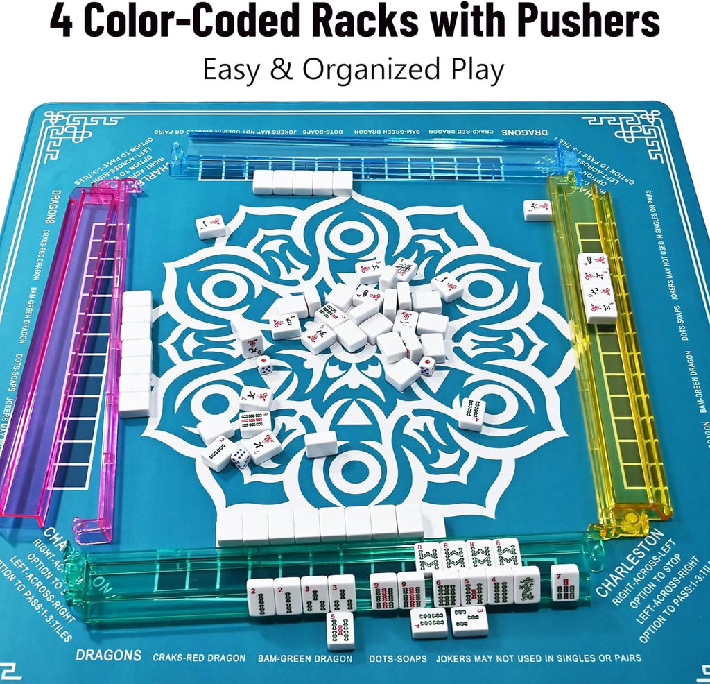 American Mahjong Tile Set – 166 White Tiles, 4 All-in-One Color Racks with Pushers, 3 Dice, Portable Red Carrying Bag – Complete Mahjong Game Set