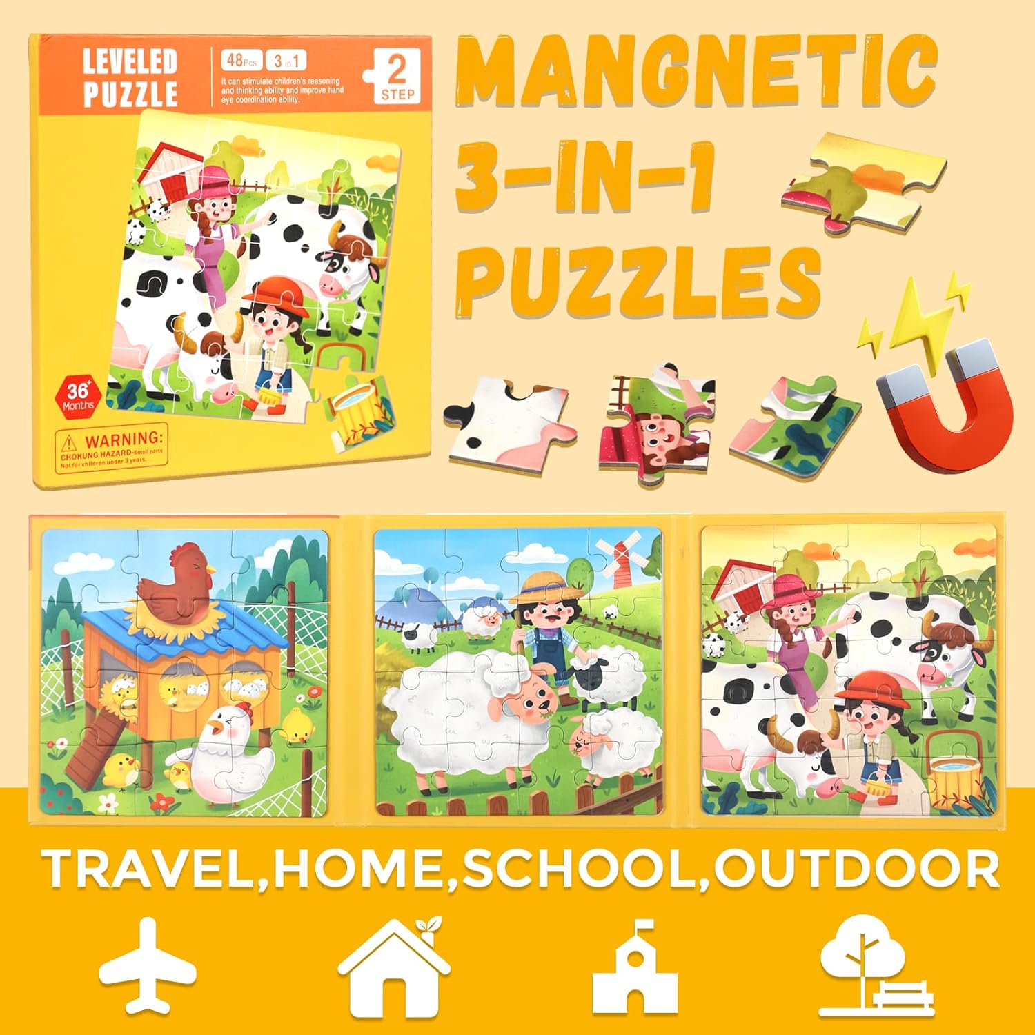 Magnetic Puzzles for Toddlers 1-3, 3 in 1 Kids Fun Farm Jigsaw Puzzle, Children Travel Puzzles Toys, Preschool Learning Toy for Kids 1-8 Year (Farm)