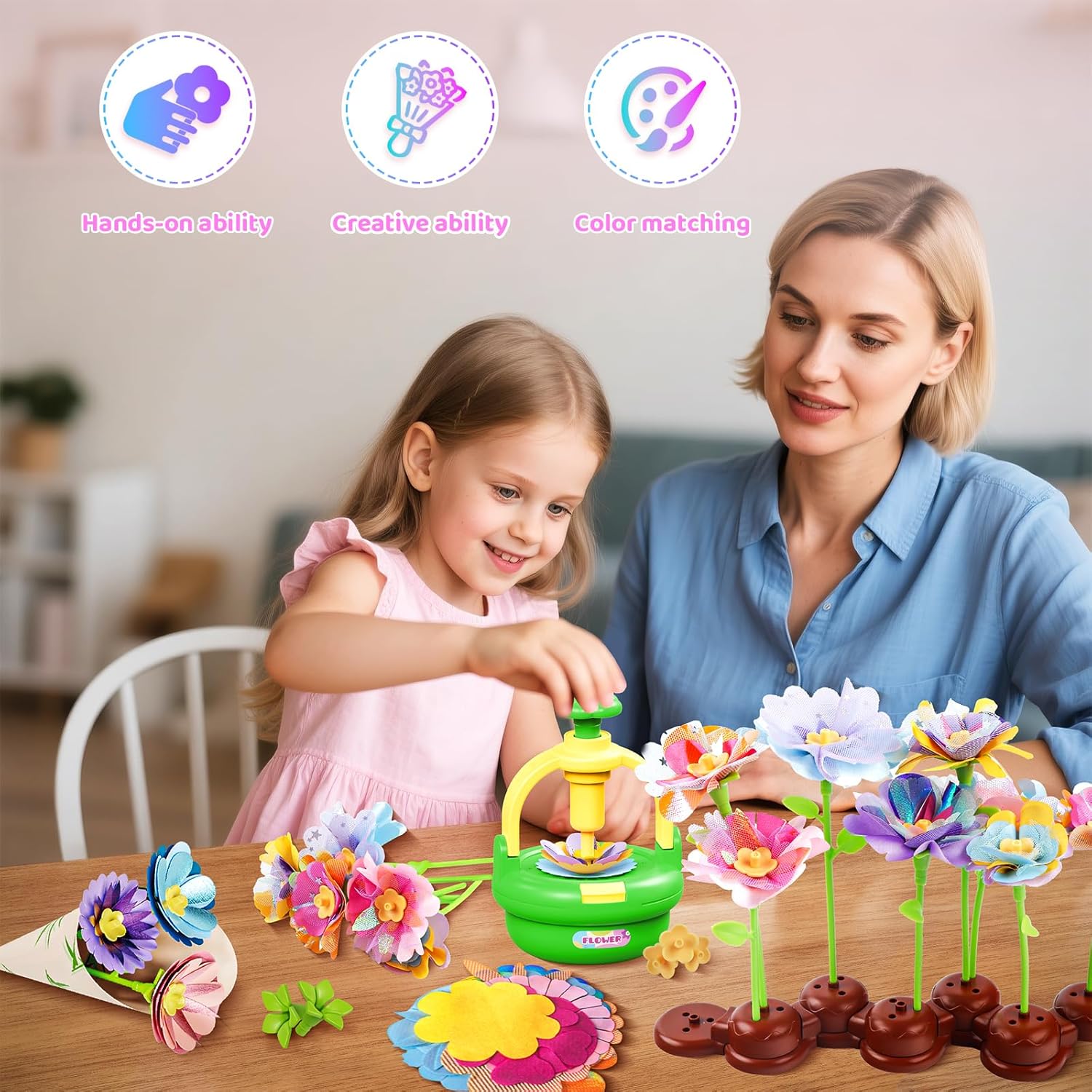 Plunack Flower Bouquets Toys for Kids Age 4-8, Flower Press Kit DIY Flowers Making Craft Kit for 4 5 6 7 Year Old Girls Arts & Crafts Toys Educational Handmade Activity Set, Birthday Gift for Girls 3+