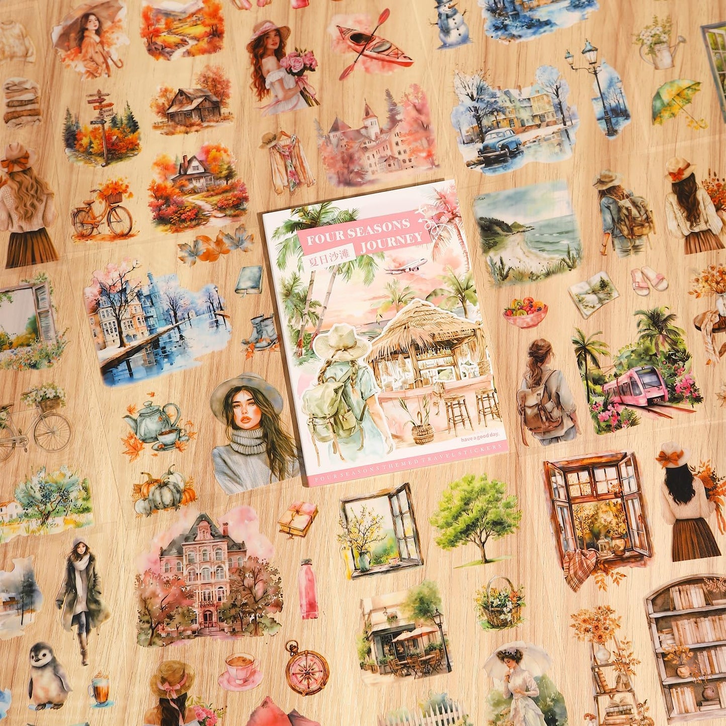 Seasons Journey Pre-Cut PET Sticker Set, 80 Sheets of Seasonal Travel-Themed Stickers for Scrapbooking, Journaling, DIY Crafts, and Junk Journal Ephemera
