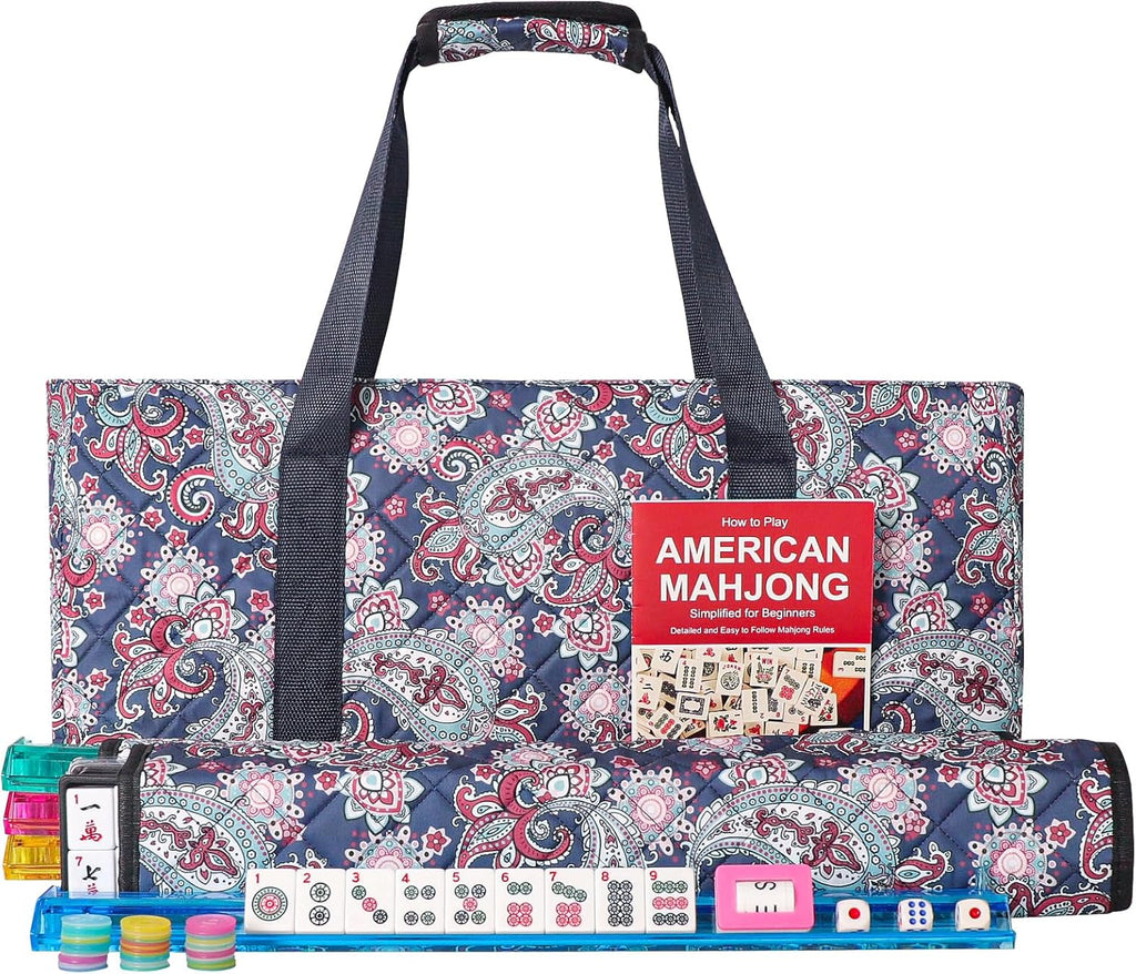 American Mahjong Game Set, 166 White Tiles, 4 All-in-One Color Rack/Pushers, Complete Mahjong Tile Set, Printed Carrying Bag