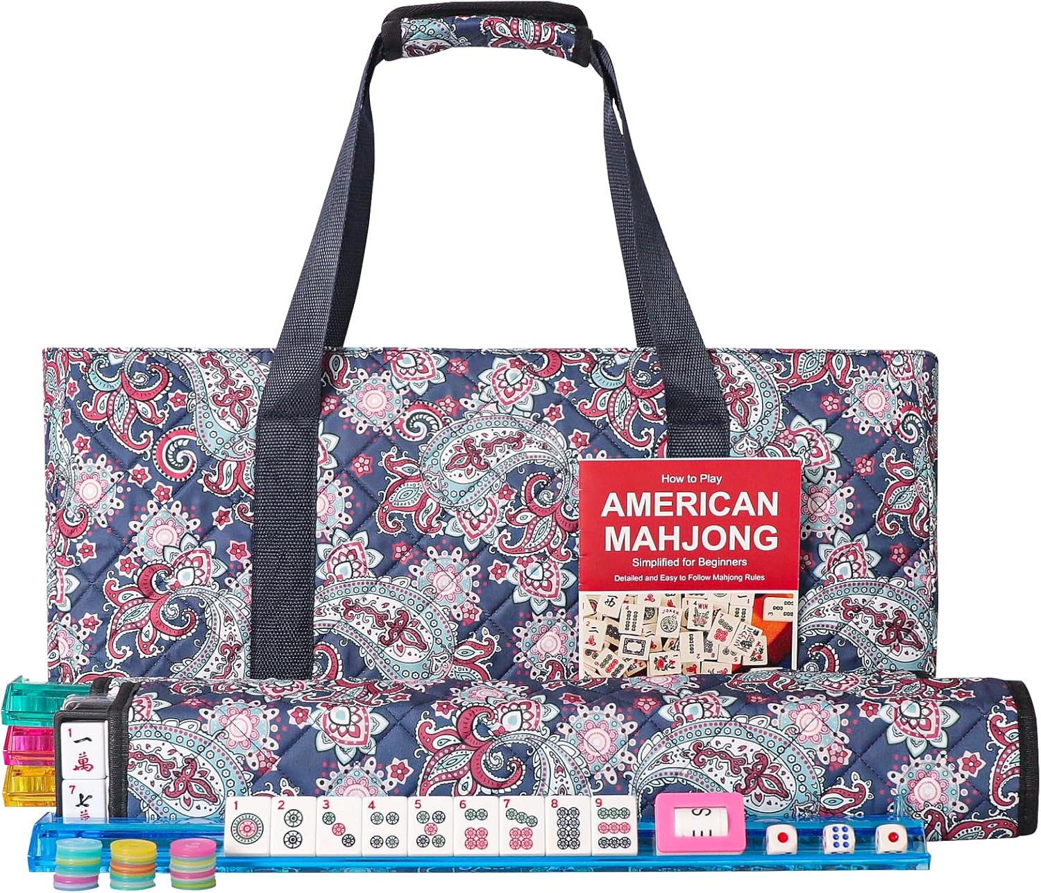 American Mahjong Game Set, 166 White Tiles, 4 All-in-One Color Rack/Pushers, Complete Mahjong Tile Set, Printed Carrying Bag