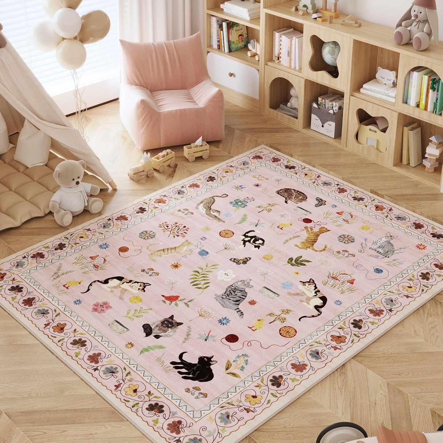 Rugcomf Living Room Rug 5x7 Rug Machine Washable Boho Area Rug Non Slip Floral Animal Cat Vintage Low Pile Large Rugs for Living Room Bedroom Farmhouse Dining Room Kids Playroom, Pink