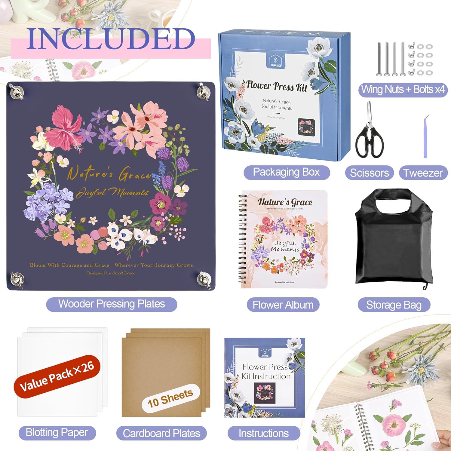 Joy&Grace Flower Press Kit for Adults & Kids, with Designed Cover and DIY Album, 10.9" x 10.9" 10 Layers Flower Preservation Kit, Plant Press and Large Plant Drying Toolkit (Color Box, Purple Navy)