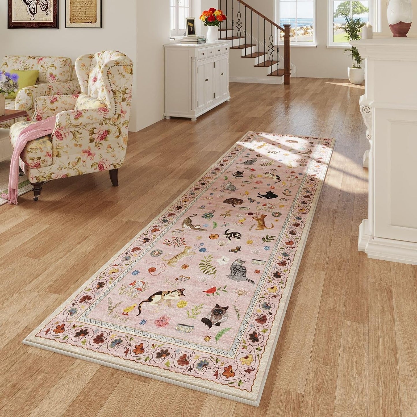 Rugcomf Runner Rug for Kitchen Non Slip 2'6''x8' Washable Rugs with Rubber Backing Soft Floral Animal Cat Carpet Runner for Kitchen Laundry Bedroom Bathroom, Pink
