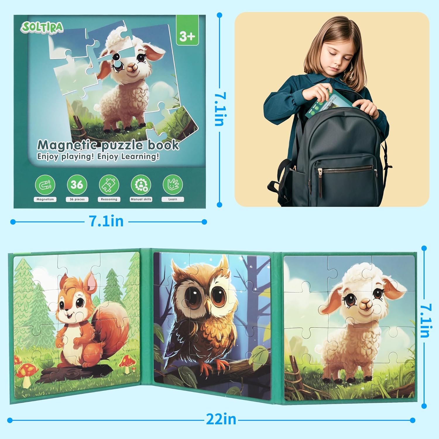 Puzzles for Kids Ages 3-5 36PCS-3 Animal Themes Magnetic Puzzles for Kids 4-6 Travel Puzzle for Airplane/Car/Road Trip/Gift Toys for 3 4 5 6 Year Old Girls and Boys