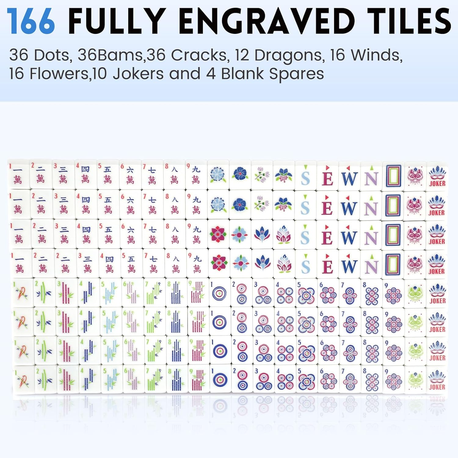 American Mahjong Tile Set,166 Tiles White Blue Melamine Tiles,Mahjong Game Set with Portable Travel case