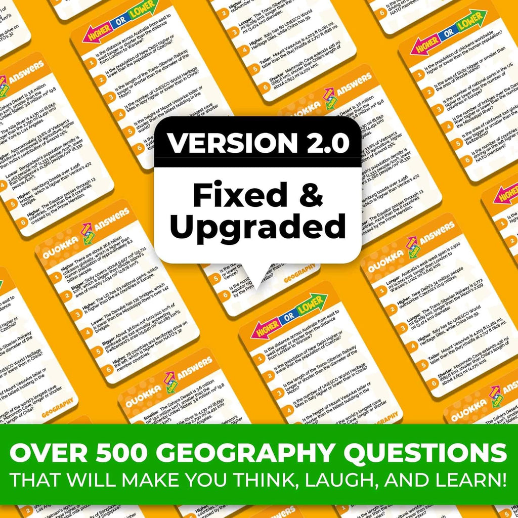 QUOKKA Trivia Board Games for Kids and Adults - Version V2.0 - Family Night Geography Games 4xSet Higher or Lower Trivia Cards | Guess Fun Questions | 2 + Players - Challenge Your Geography Knowledge
