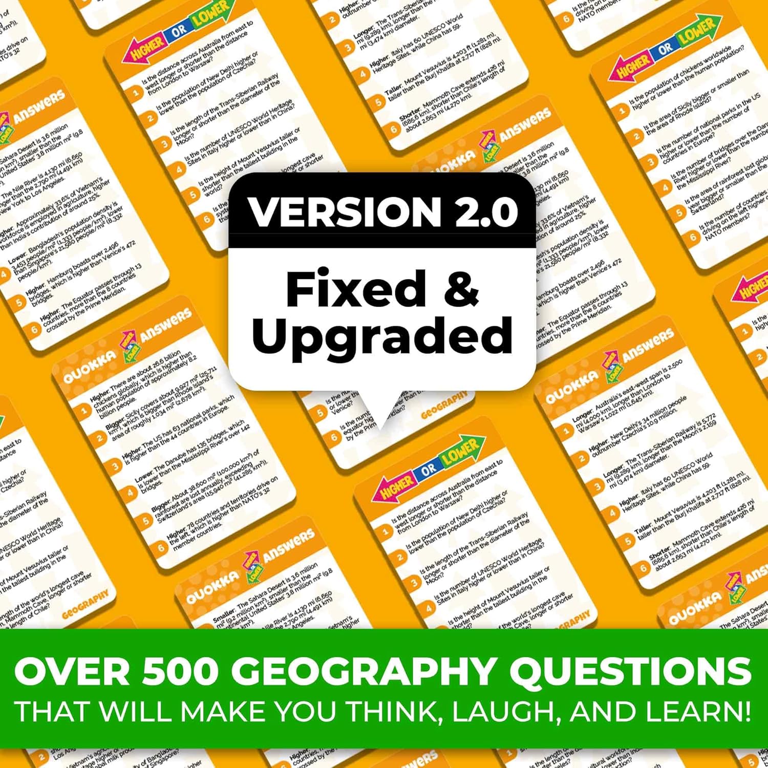 QUOKKA Trivia Board Games for Kids and Adults - Version V2.0 - Family Night Geography Games 4xSet Higher or Lower Trivia Cards | Guess Fun Questions | 2 + Players - Challenge Your Geography Knowledge