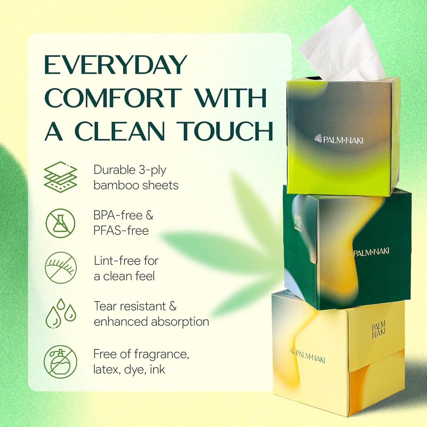 Bulk Case: Bamboo Facial Tissue | 3-Ply Strong | Lint-Free, Fragrance-Free | Gentle for Sensitive Skin | BPA & PFAS-Free, FSC Certified | 24 Cube Boxes | PALM NAKI