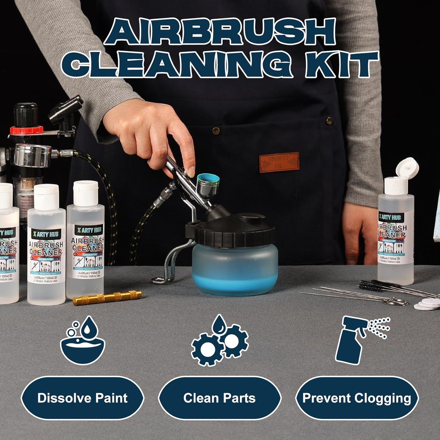 X ARTY HUB Airbrush Cleaning Kit - 4 * 4.05 fl oz / 120 ml Airbrush Cleaner with Glass Cleaning Pot, Easily Handle Water-Based and Acrylic Paints, for Airbrushes & Other Artistic Tools