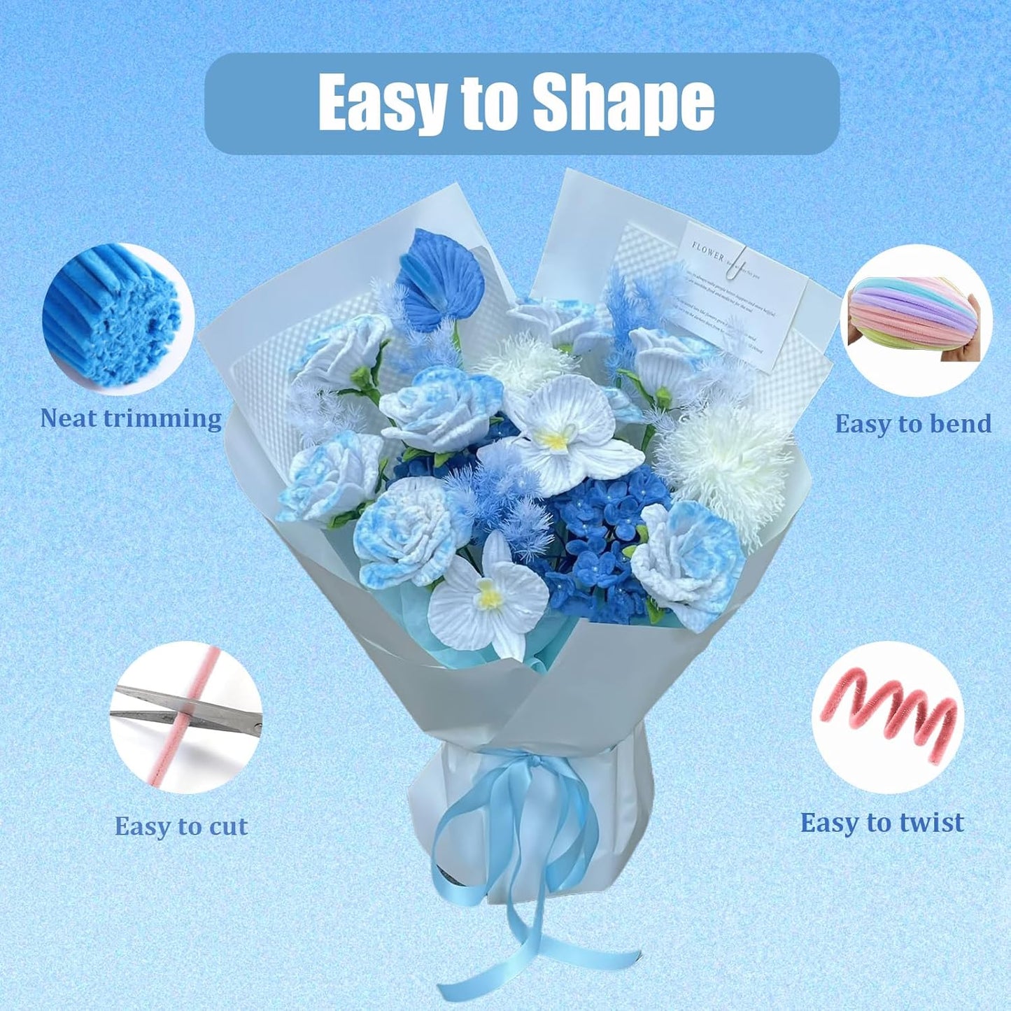 400 Pcs Pipe Cleaners Craft Set, 4 Assorted Blue Pipe Cleaners Bulk, Chenille Stems for DIY Flower Making Kit with Floral Stems, Gardening Tape, Pearl, Ribbon for DIY Bouquet Gift (Blue)