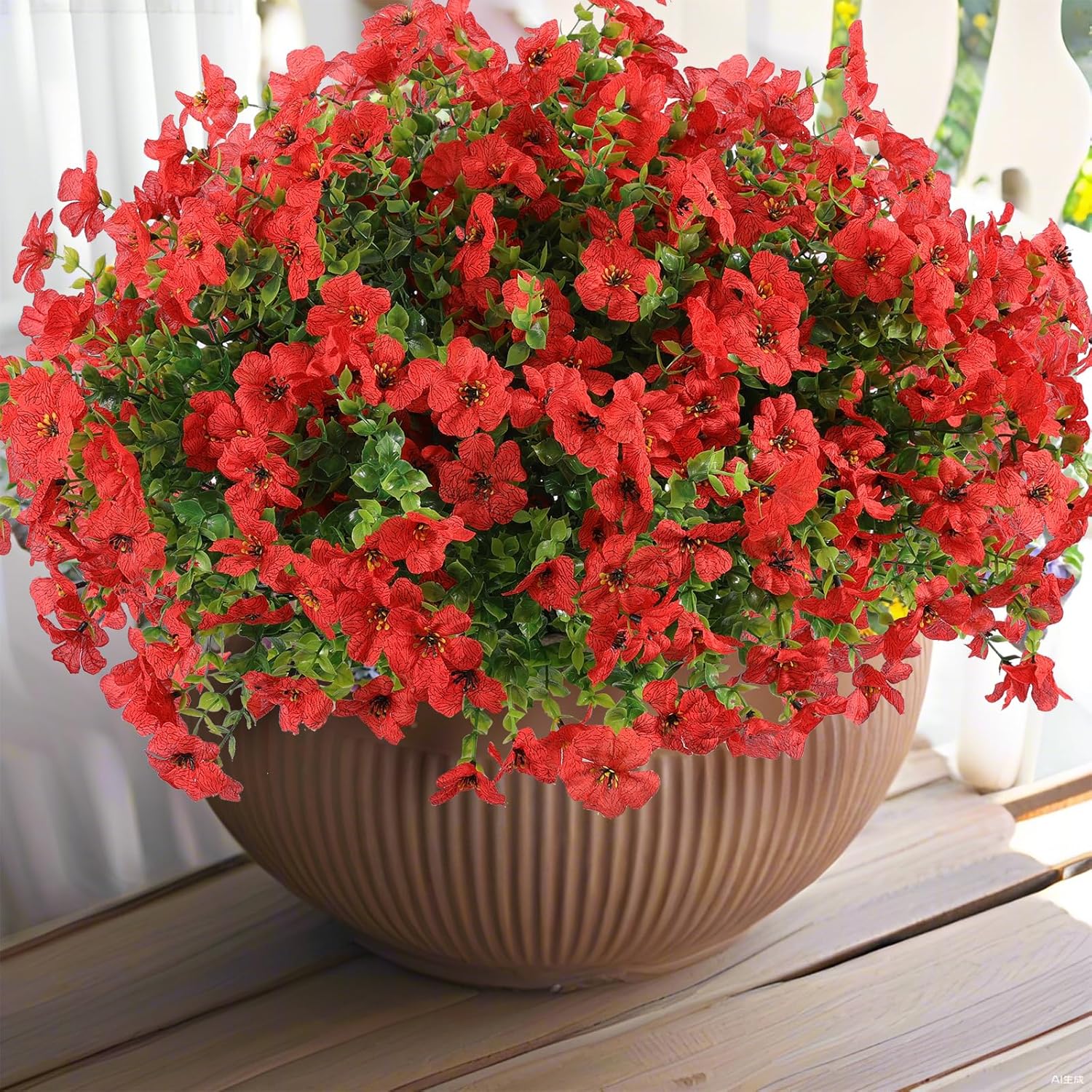 Hananona 24 Pcs Artficial Outdoor Flowers with Hanging Baskets, 2 Pack Hanging Planter with Red Outdoor Spring Flowers for Christmas Porch Home Patio Yard Decor (2, Red)