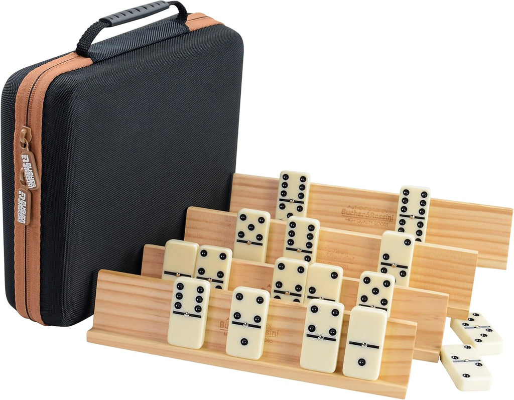 Dominos Set Adults with 4 Domino Racks Double Six Dominoes set in Portable Case Double 6 Domino's Game Set with 4 Wooden Domino Holders in EVA Hard Case Sturdy and easy to carry Ideal Gift Present