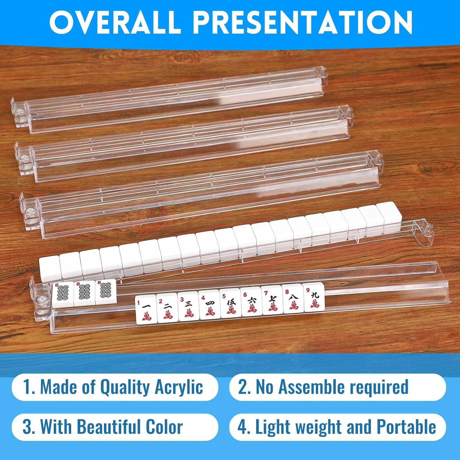 4 PCS Clear Acrylic American Majiang Tile Racks with Pushers,Mahjong All-in-One Tile Rack & Pusher, Modern American Mahjong Tile Racks