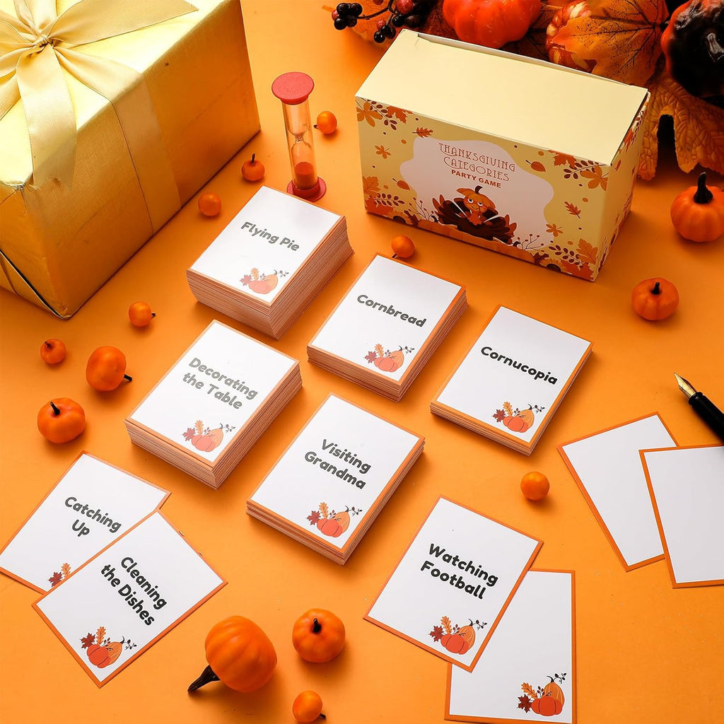 Yexiya Thanksgiving Charades Game for Family Party - 310 Cards with 1 Min Sand Timer & Blank Cards Turkey Day Family Game for Adults Groups