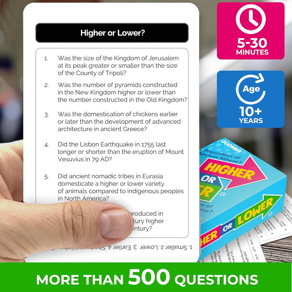QUOKKA History Board Game for Kids 10-14 Year Olds - Family Card Game for Kids and Adults - Higher or Lower | Guess Fun Questions | Easy to Learn | 2 + Players - Challenge Game for Family Night