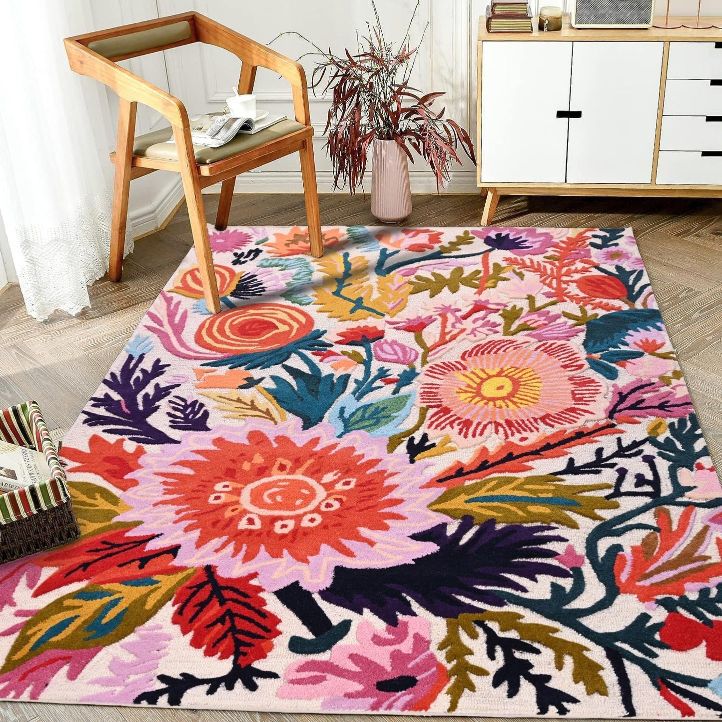 Handmade Wool Floral Area Rug for Living Room | Elegant Flower Garden Design, Soft, Thick and Durable | Bedroom, Dining Room & Home Decor Carpet (9' x 11', Floral E)