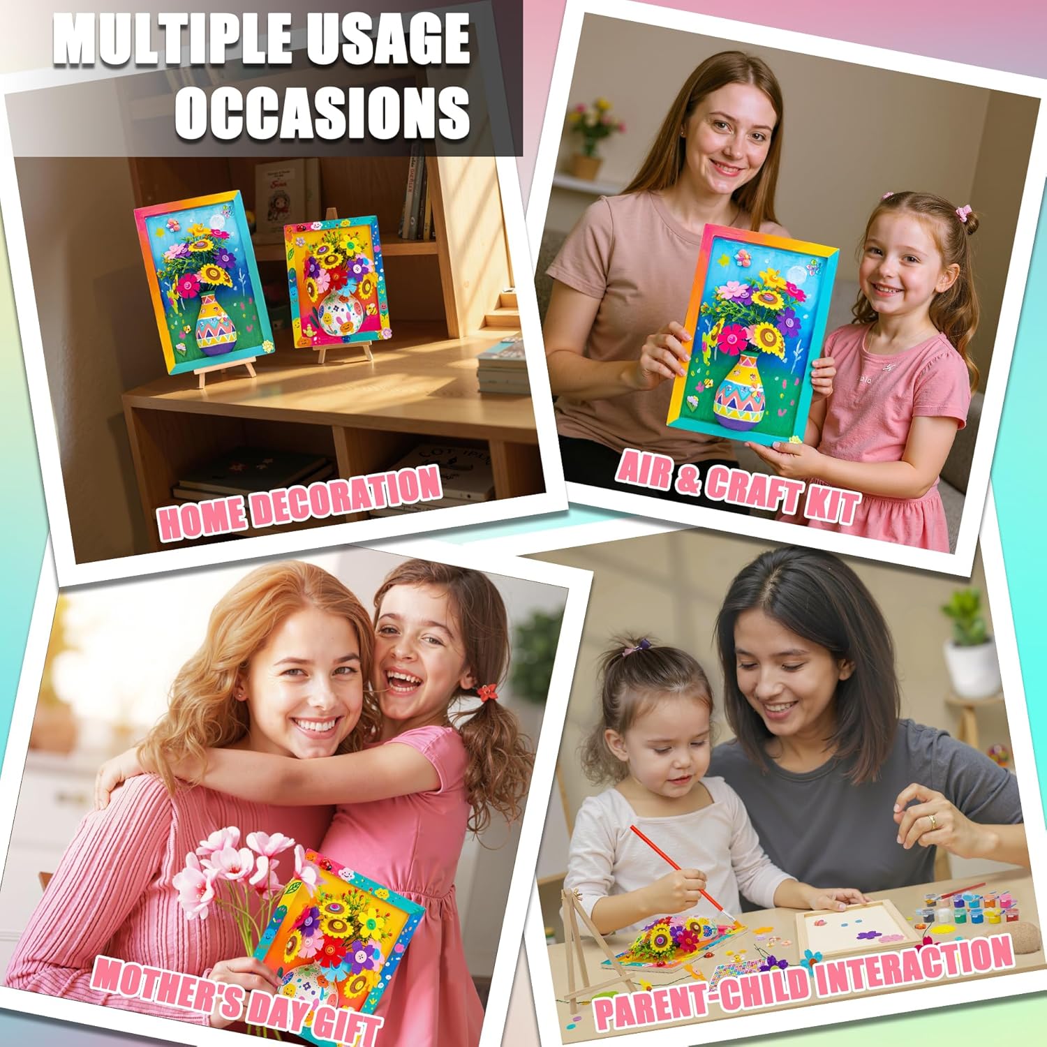 Crafts Gift for Girls, DIY 3D Felt Flowers Wooden Vase Picture Frame Painting Kit, Arts and Crafts Project for Kids Age 6 7 8 9 10 11 12 Years Old (Felt Flowers)