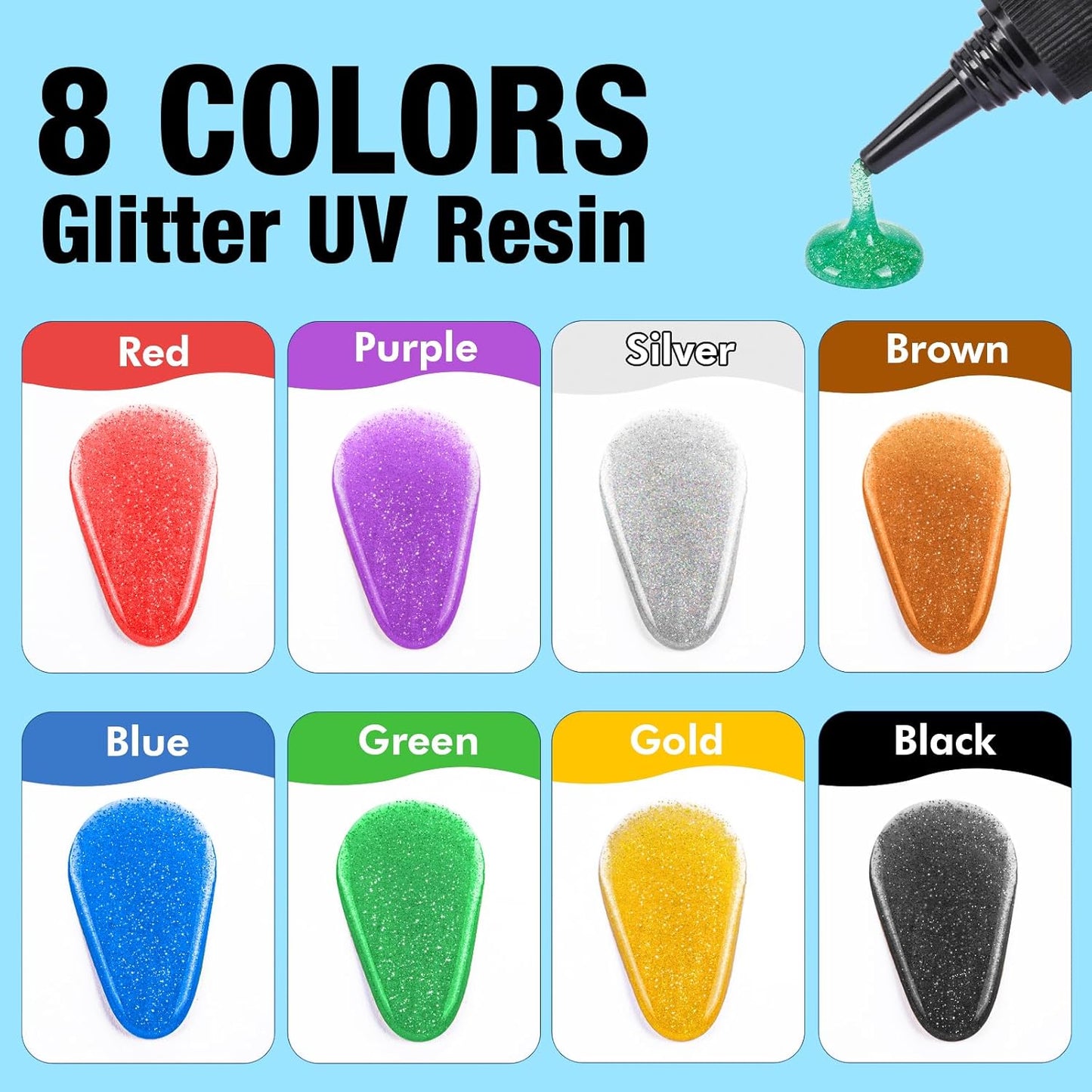 JDiction Glitter Colored UV Resin, 8 Colors Metallic UV Resin with Sparkling Effect, Hard Glitter UV Resin Kit for Jewelry Making, Colored Resin Casting and Coating, Crafts and Decoration