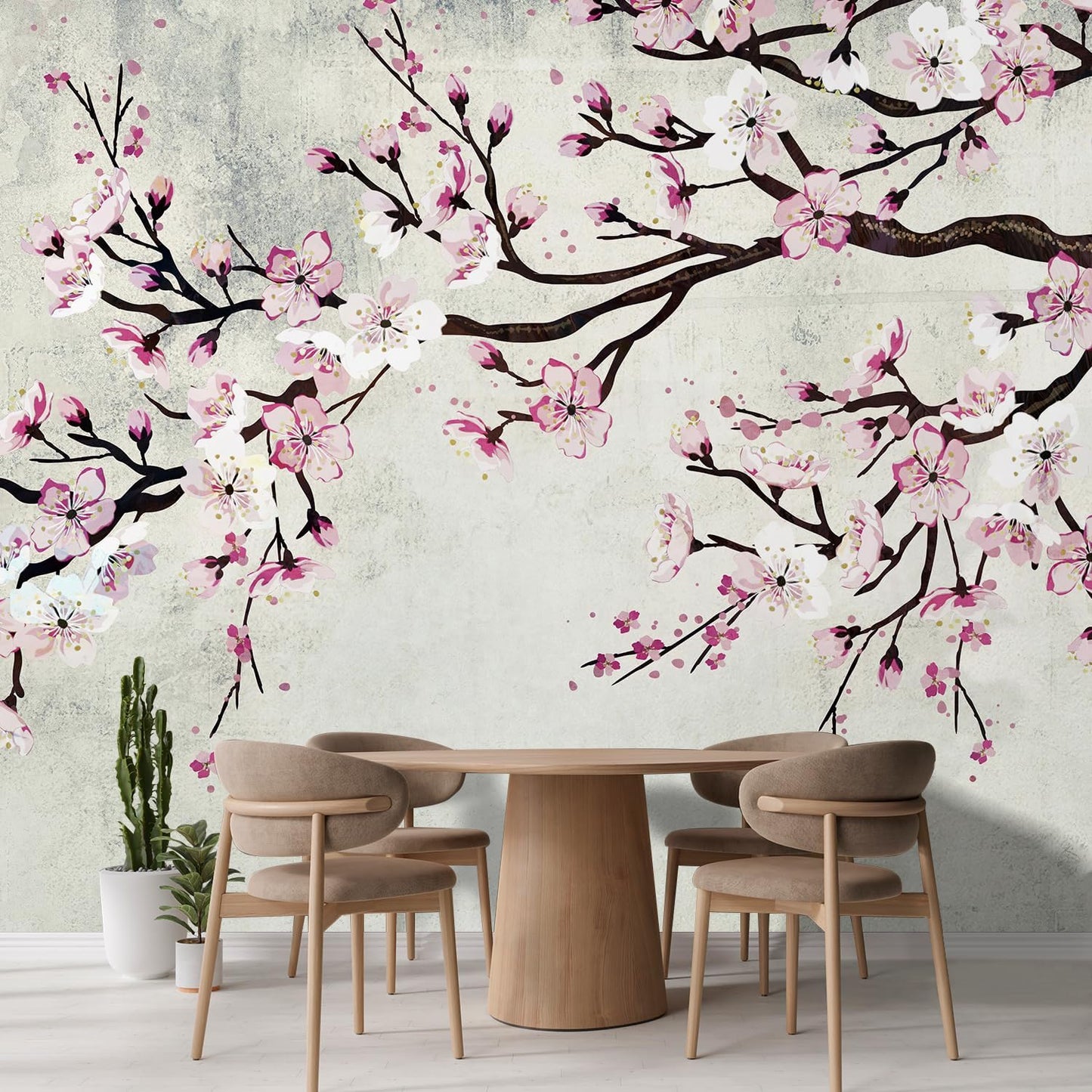 wall26 Large Wall Mural Watercolor Style Ink Painting Pink Cherry Blossom on Vintage Wall Background | Self-Adhesive Vinyl Wallpaper/Removable Modern Wall Decor - 120x144 inches