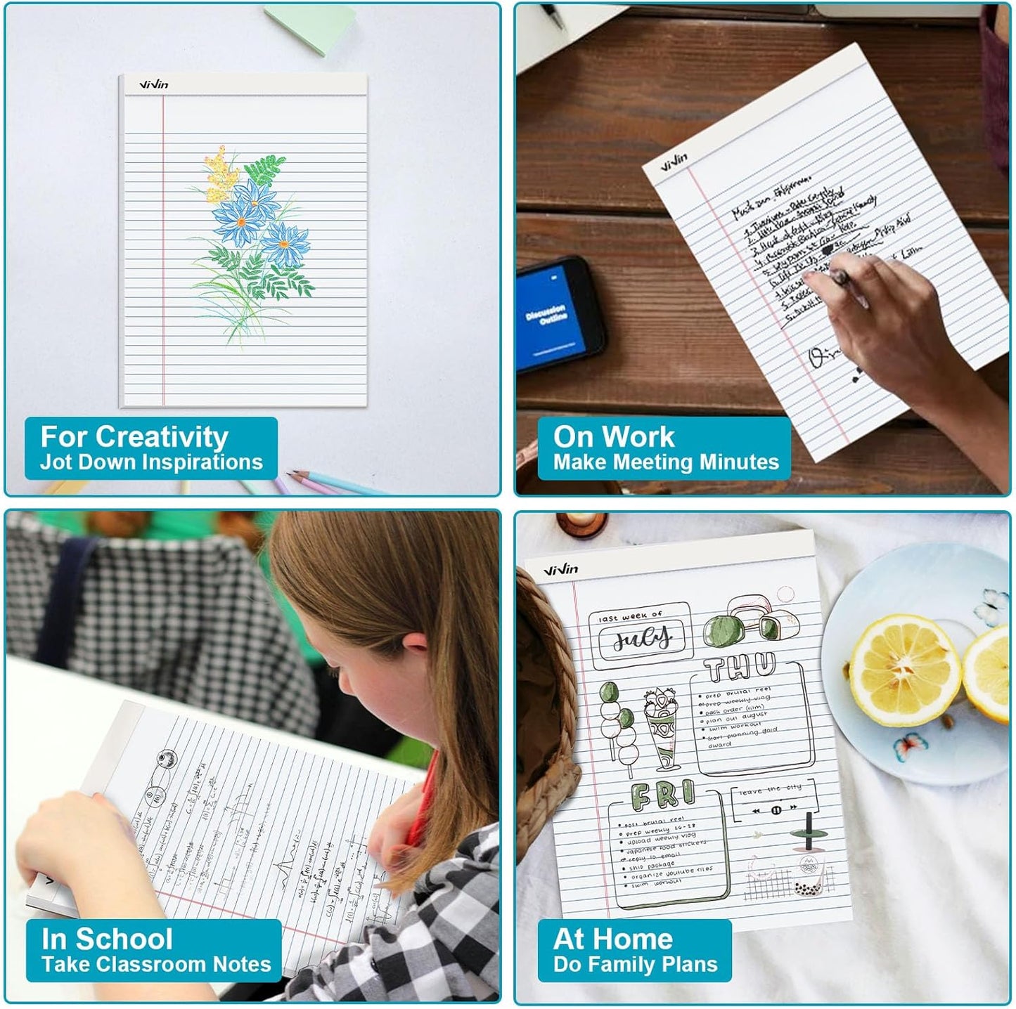 ViVin Legal Pads 8.5 x 11 Inch, Wide Ruled Note Pads, 12 Pack, 50 Sheet/Pad, Perforated Writing Pads, Notepads for Office Home School, 600 Sheets, White Paper