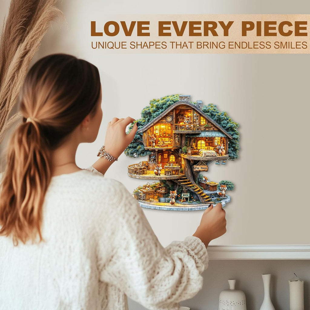 WOODBESTS Wooden Puzzles for Adults (195 Piece, M, 11.4 * 11.4in) Fox House Wood Puzzle Adult, Unique Wooden Animal Jigsaw Puzzles, Family Game and Birthday Gifts for Friend
