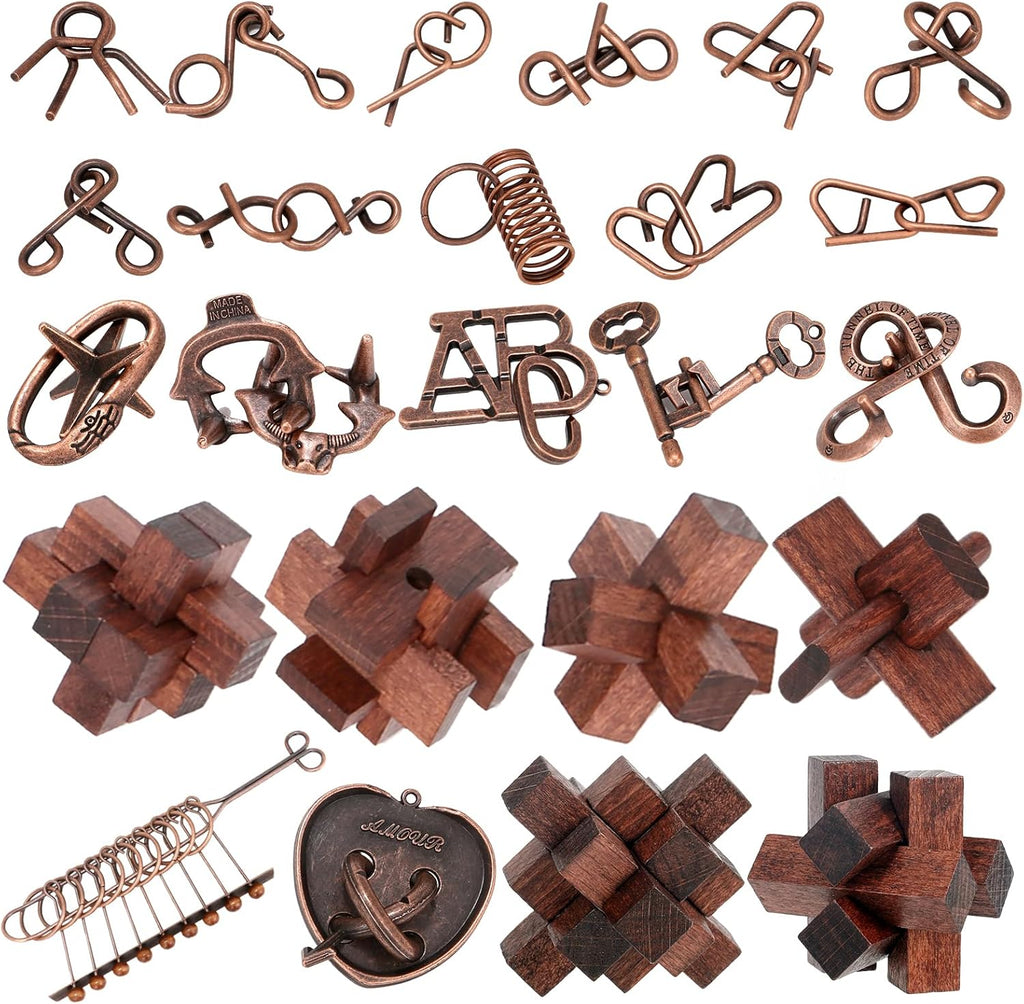 24 Pcs Brain Teaser Puzzles for Adults Teens - Metal Puzzles 3D Puzzle Game Toys for Adults Teens - Wooden Unlock Interlocking Puzzle Adult IQ Education Smart Toys
